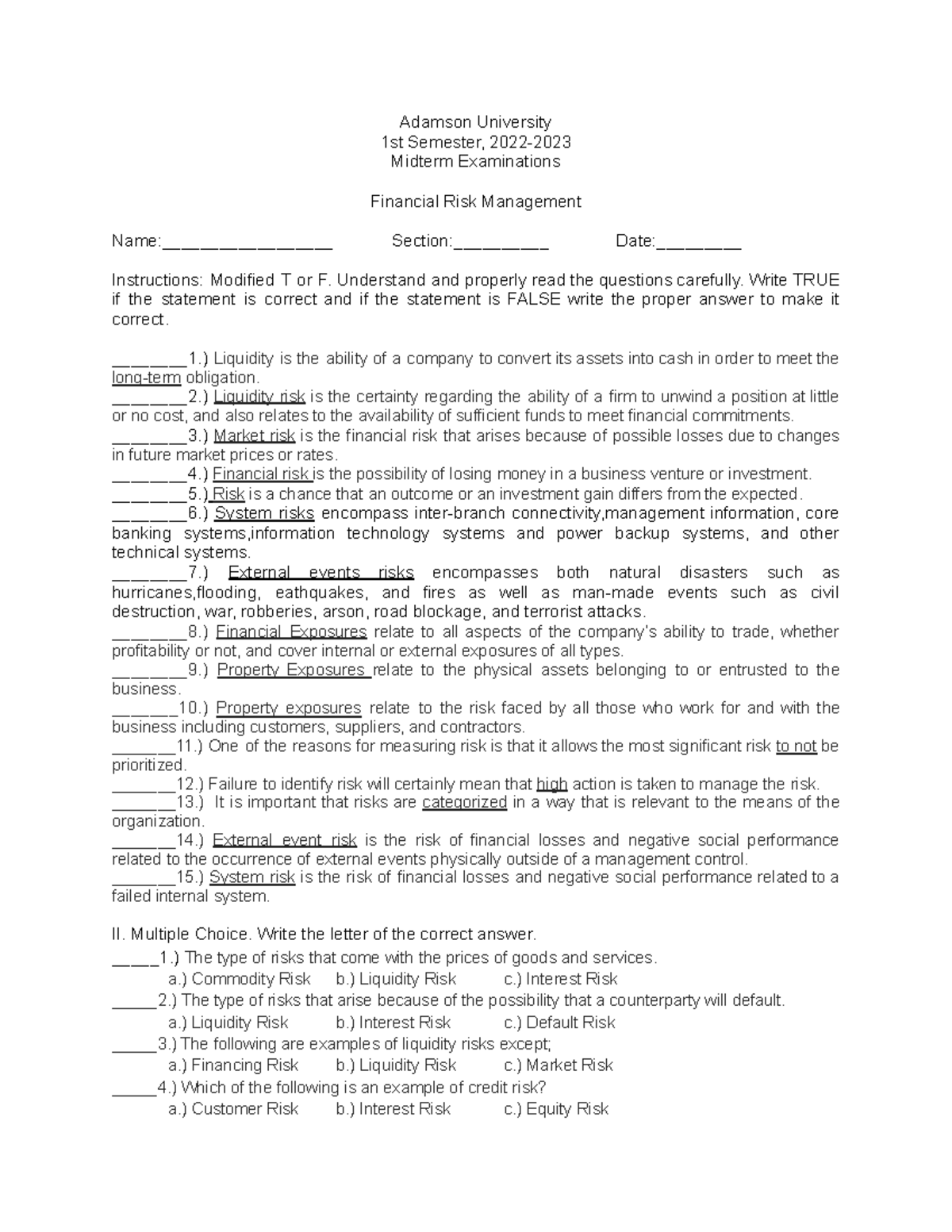 Financial Risk Management Midterm Exam Questions & Formats - Studocu