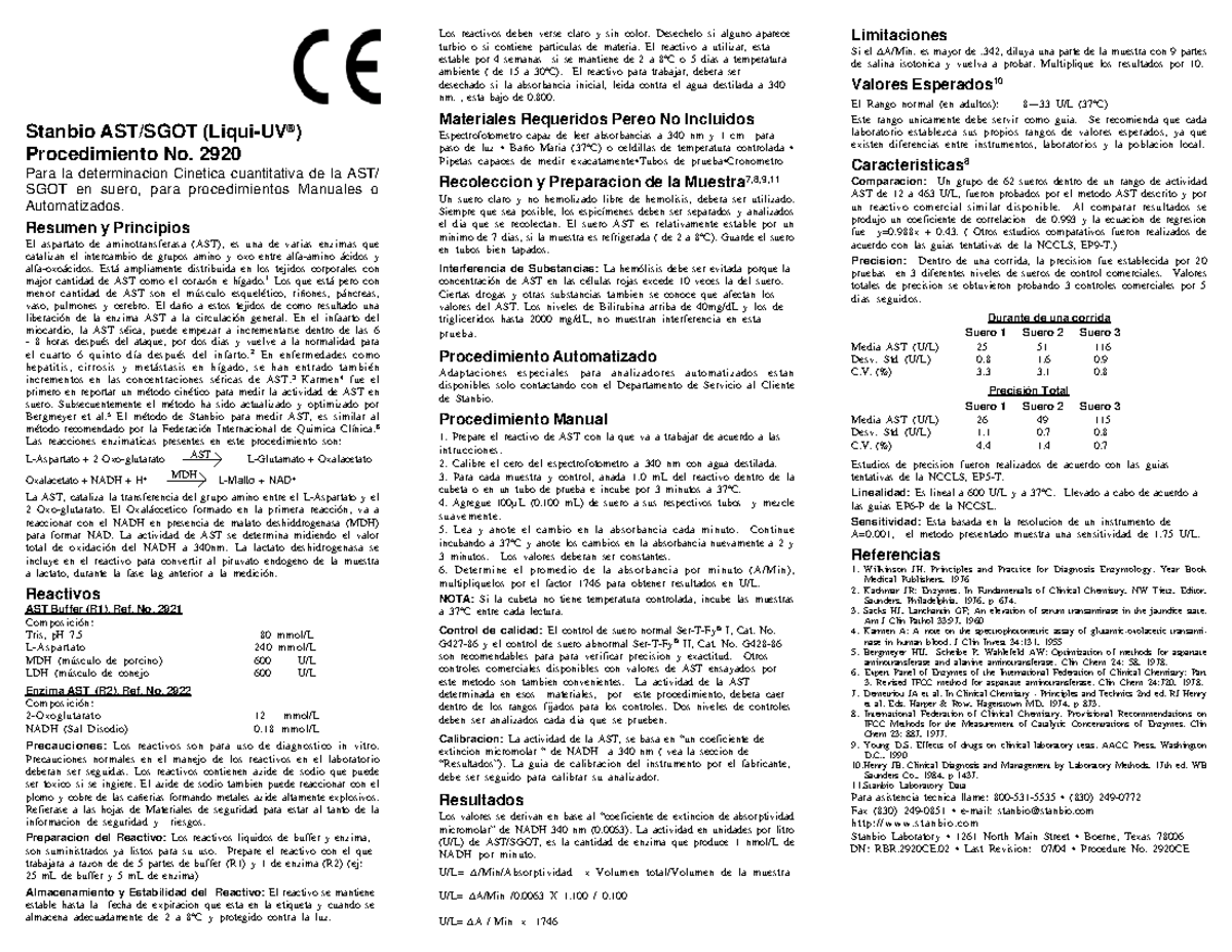 ## Stanbio AST/SGOT Procedure No. 2920: Kinetic Quantitative Analysis ...