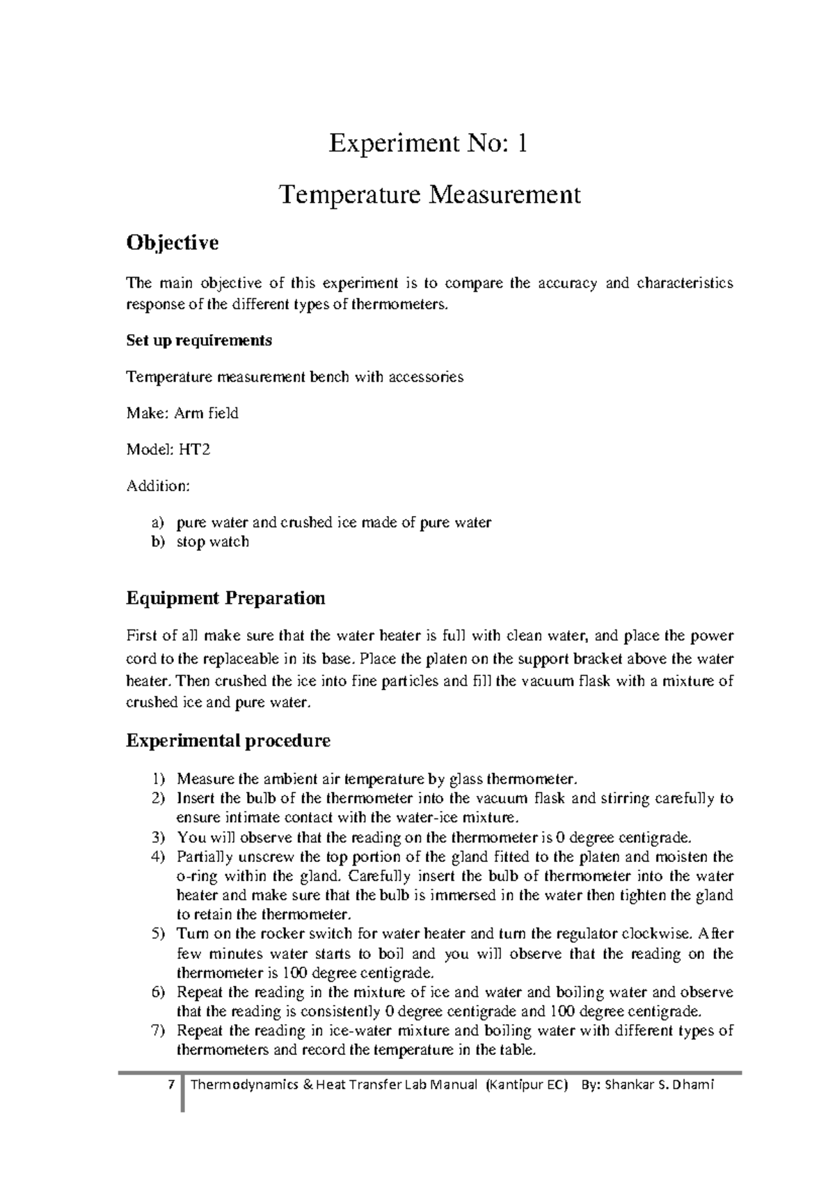 Thermodynamics Lab Manual (Kantipur EC) - Experiment 1: Temp ...