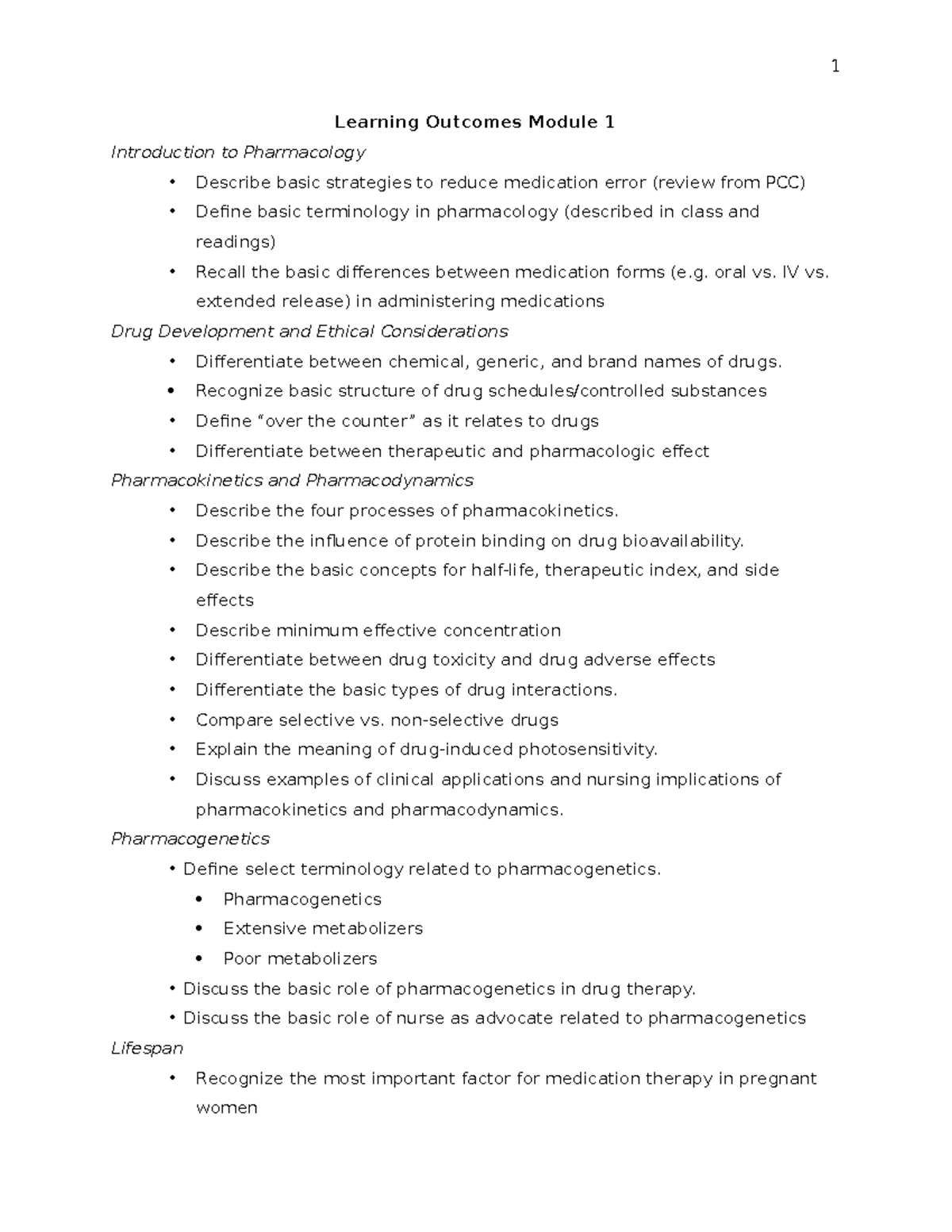 Learning Outcomes for Module 1: Intro to Pharmacology & Drug Therapy ...