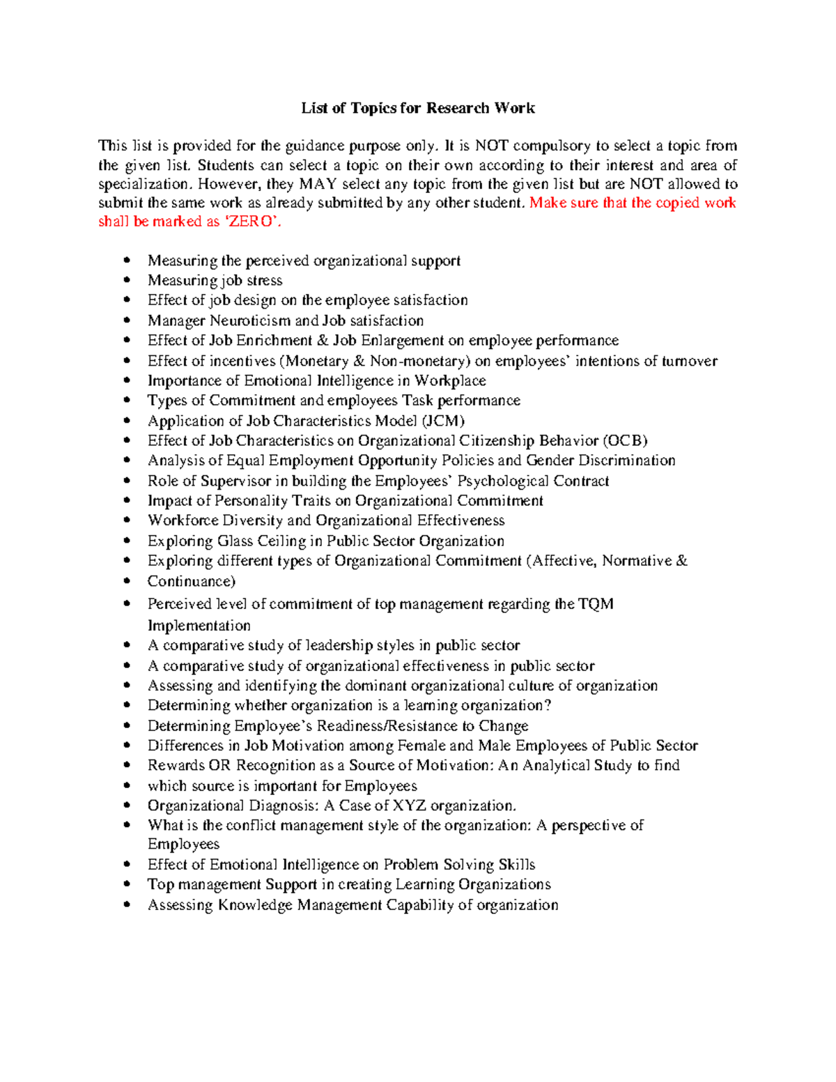 Research Topics for Work: Guidance List for Students - Studocu