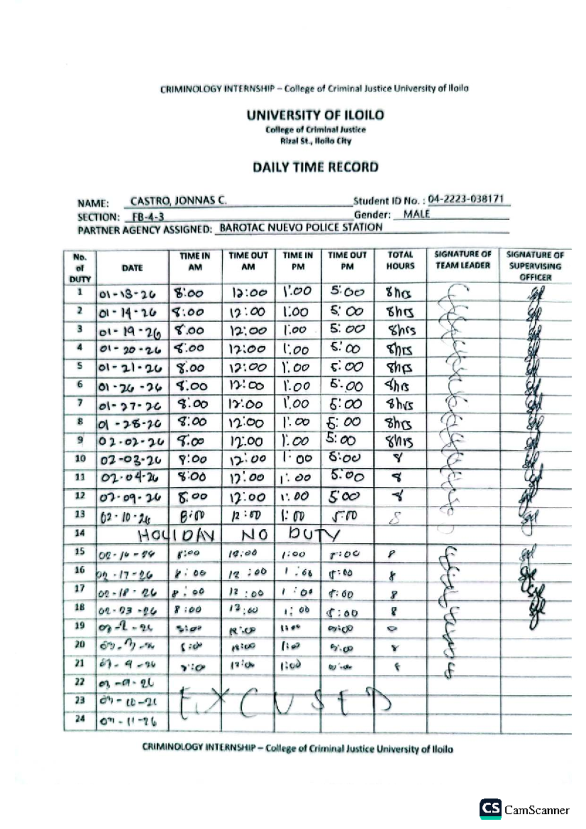 CRIMINOLOGY INTERNSHIP DTR - Daily Time Record at Barotac Nuevo Police ...