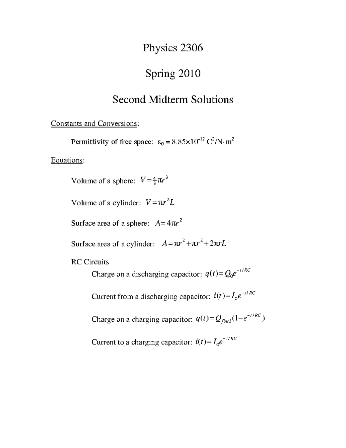 Phys 2306 Spring 2010 Second Midterm Solutions and Key Concepts - Studocu