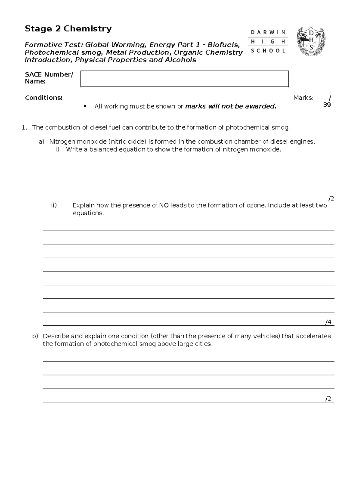 4 Formative Test - Chemistry: Global Warming, Smog & Energy Part 1 ...