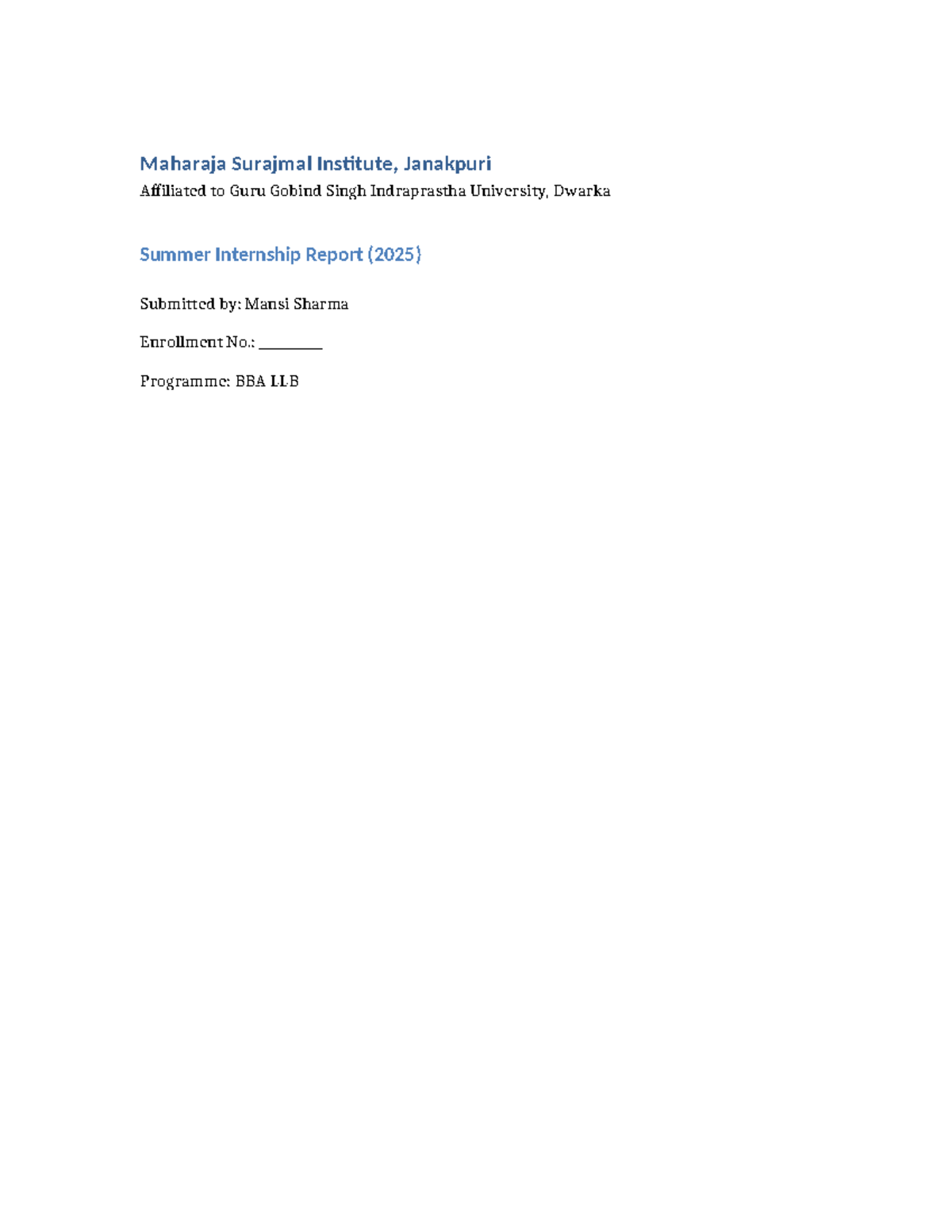 BBA LLB Summer Internship Report (2025) - Mansi Sharma - Studocu