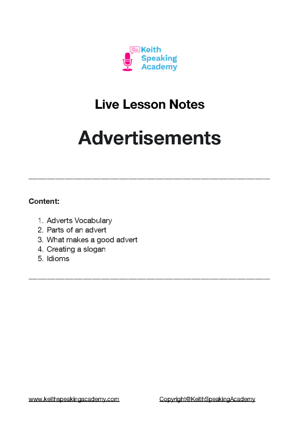 Advertisements Lesson Notes - Live Lesson Notes Advertisements Content ...