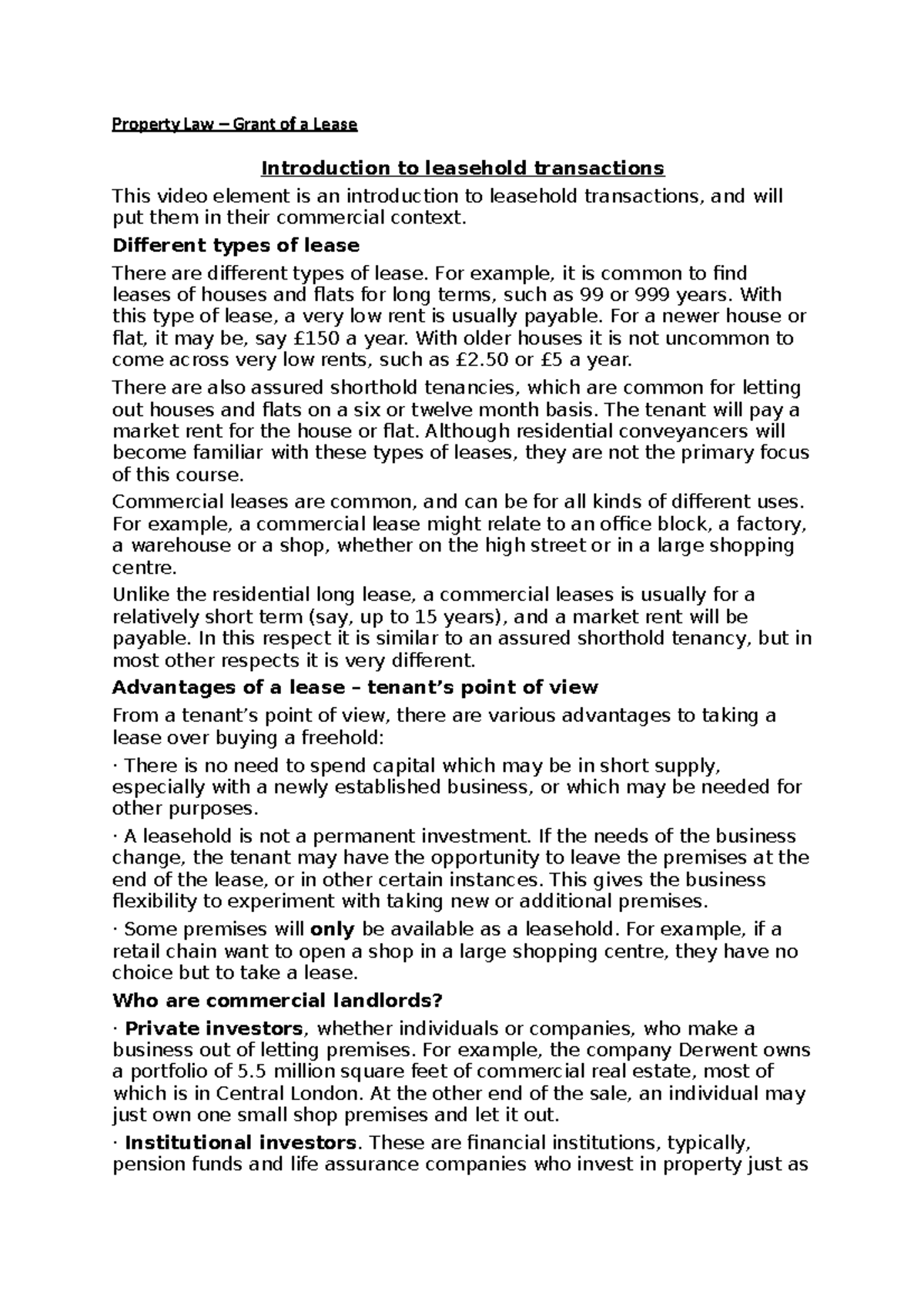 Property Law (Course Code) - Understanding Grants of Lease Agreements ...