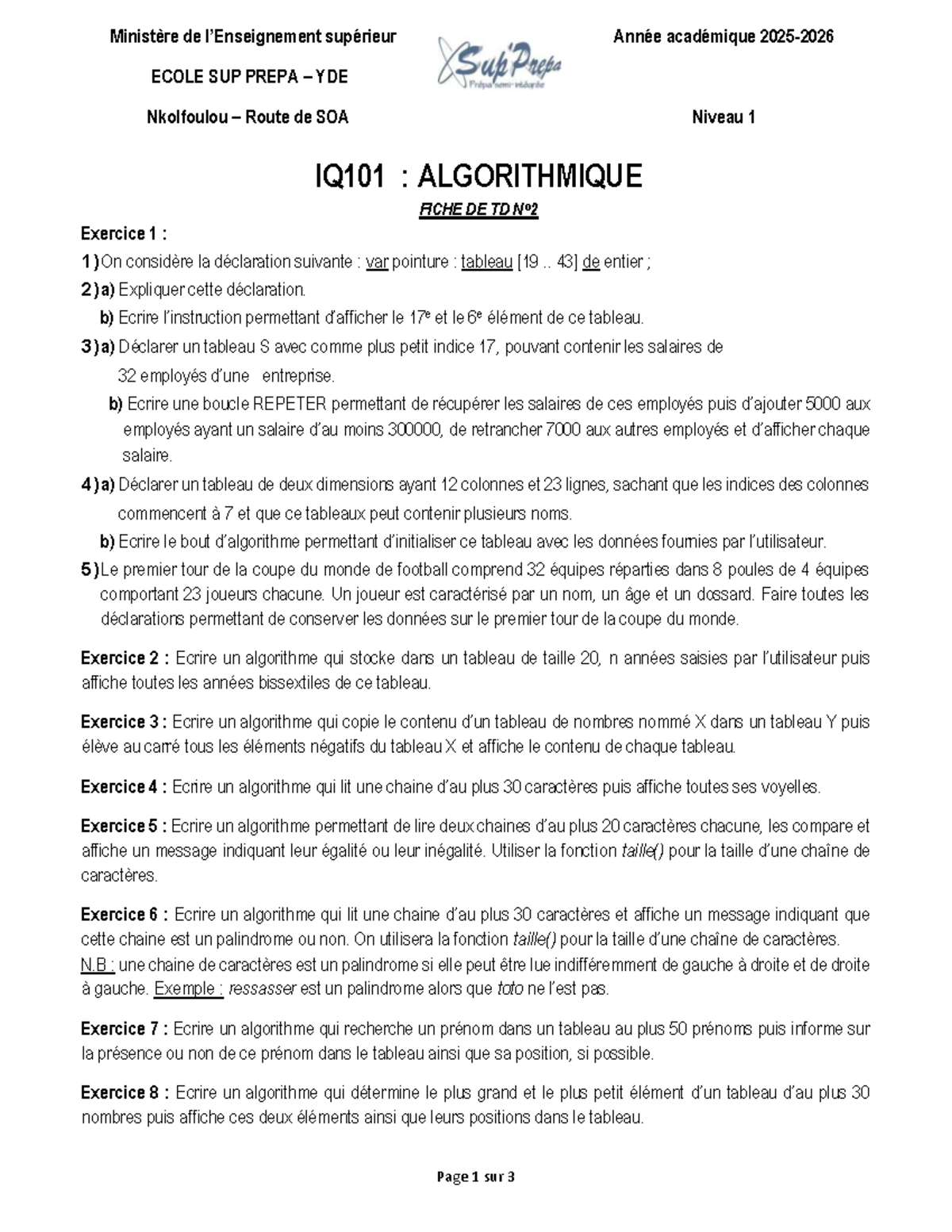 TD2 1ère A - Algorithmiques et Exercices de Programmation - Studocu