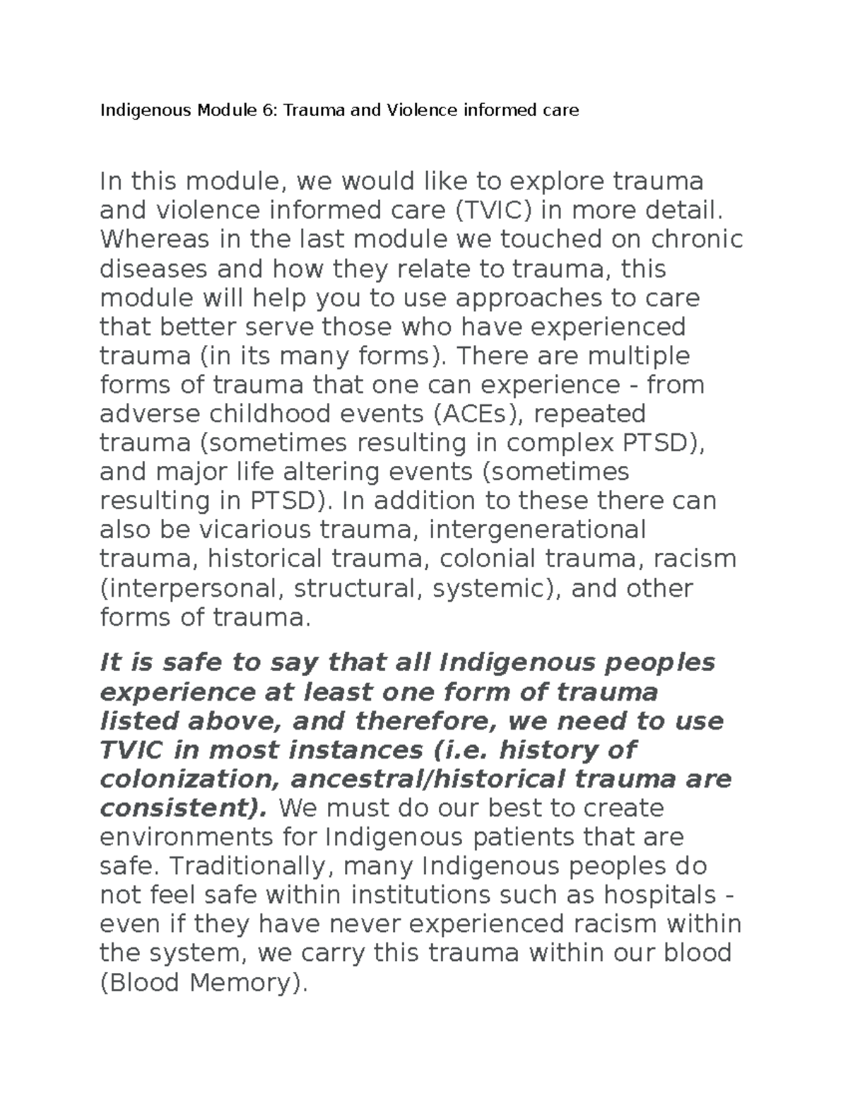 Indigenous Module 6: Trauma and Violence Informed Care Overview - Studocu