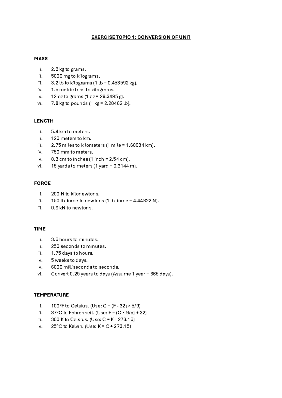 Exercise Topic 1: Unit Conversion for Mass, Length, Force, Time, Temp ...