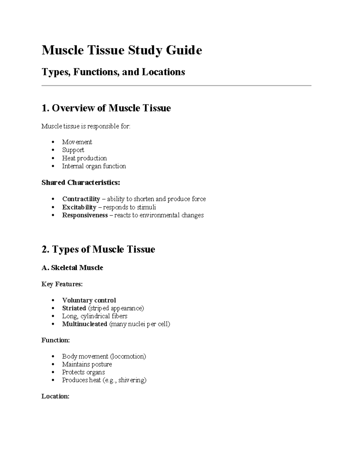 Muscle Tissue Study Guide: Types, Functions & Locations - Studocu