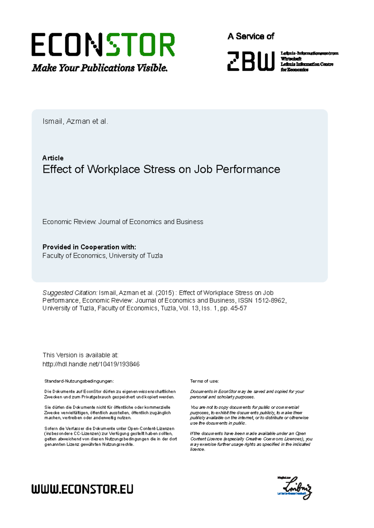 Effect of Workplace Stress on Job Performance - Ismail, Azman - Ismail ...