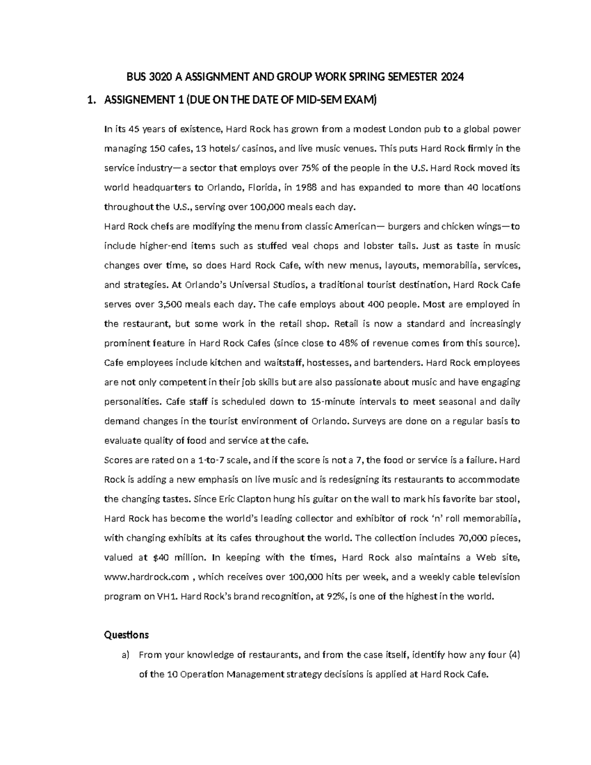 BUS 3020 A Assignment & Group Work - Fall Semester 2024 Overview - Studocu