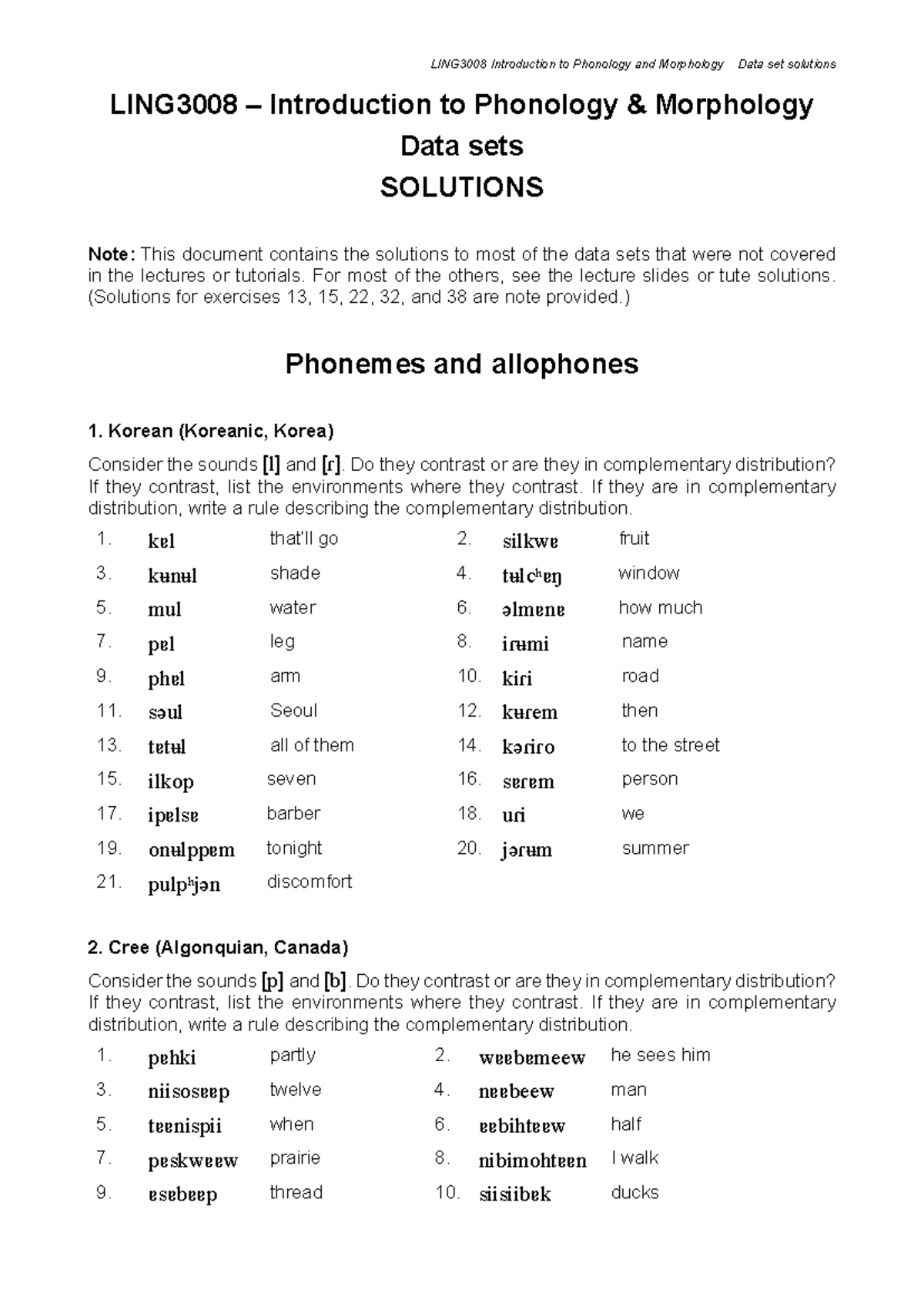 LING3008 2024 Data Set Solutions for Phonology and Morphology - Studocu