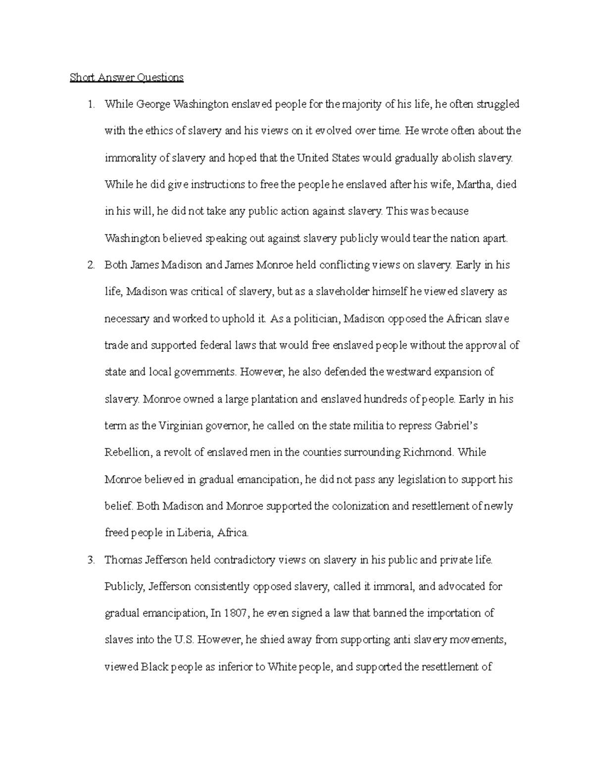 2.3.7 Practice The Founding Leaders and Slavery - Short Answer ...