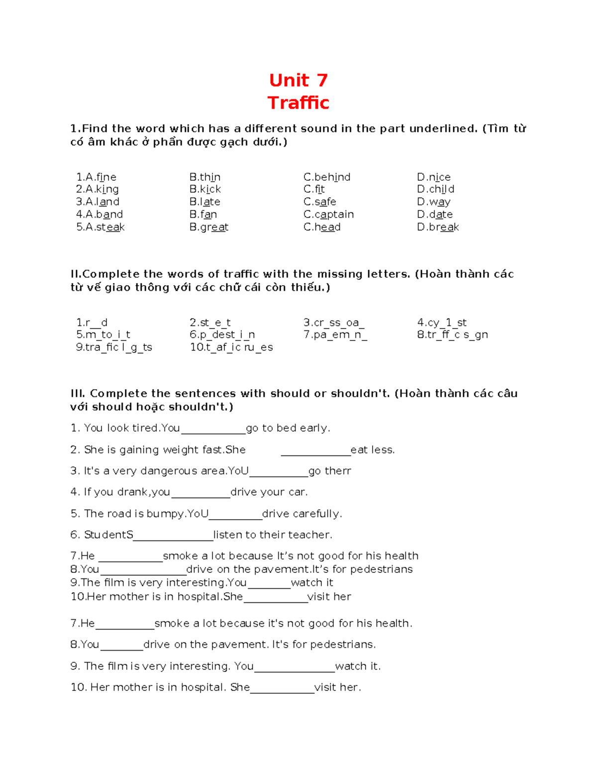 Đề kiểm tra Tiếng Anh 7 Global Success - Unit 7: Traffic - Studocu