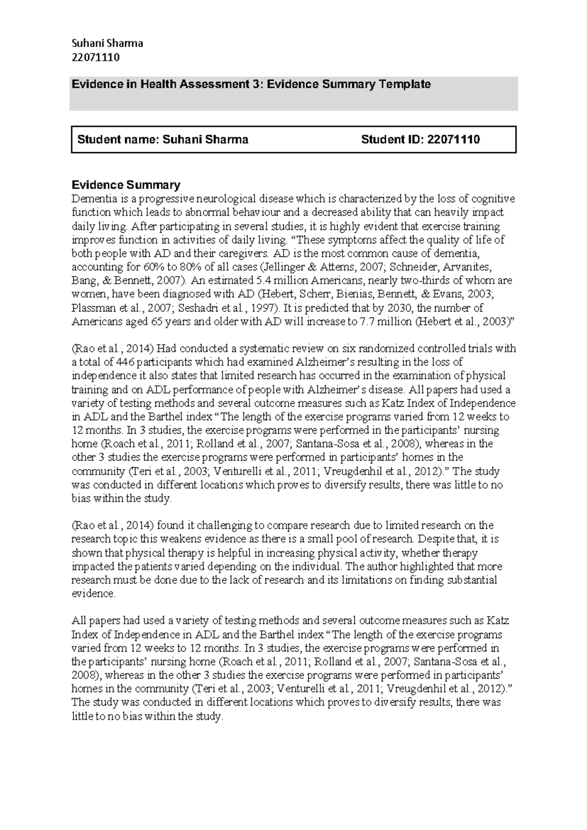 Evidence Summary for Health Assessment 3: Impact of Exercise on ...