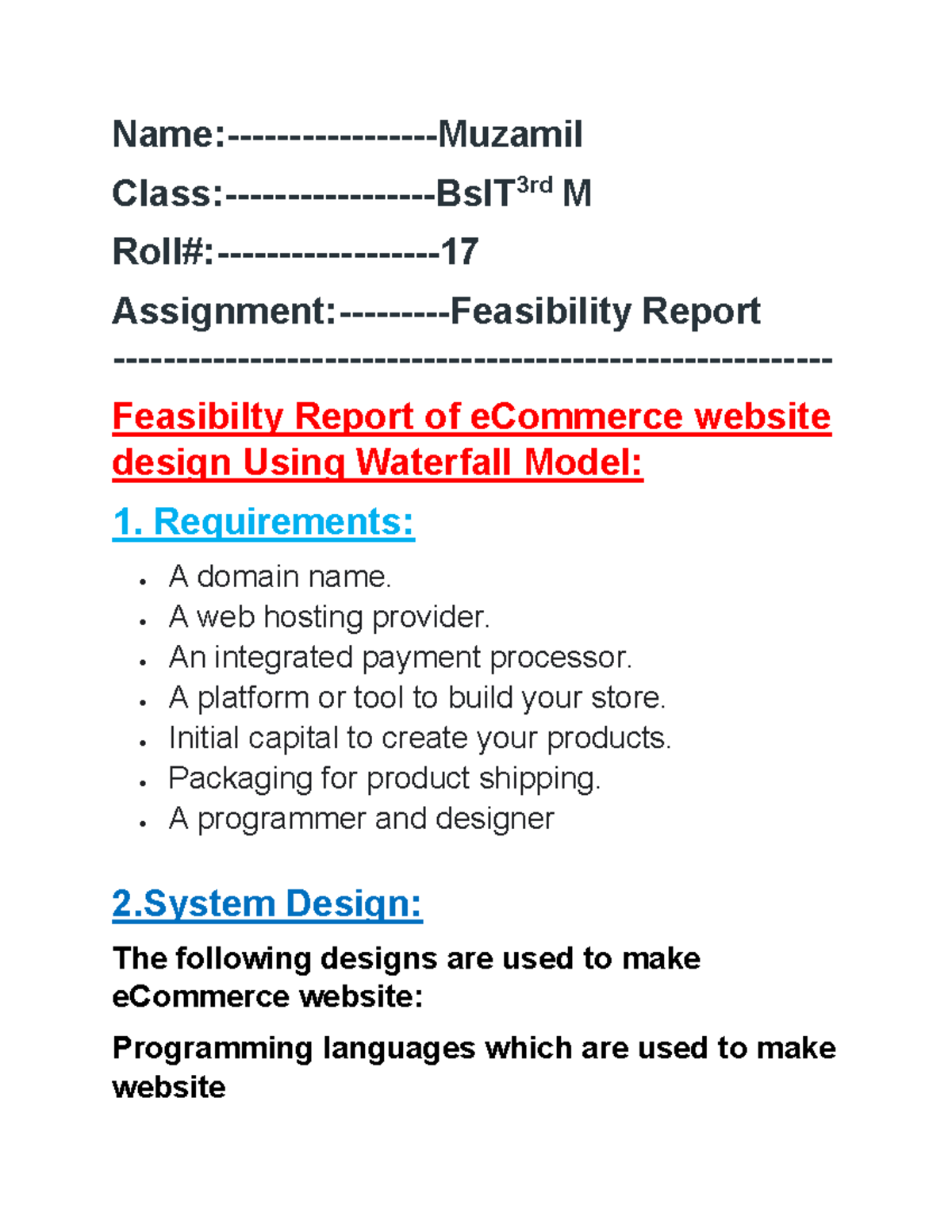 Software Eng Assignment Muzamil - Name:-Muzamil Class:-BsIT 3rd M Roll ...