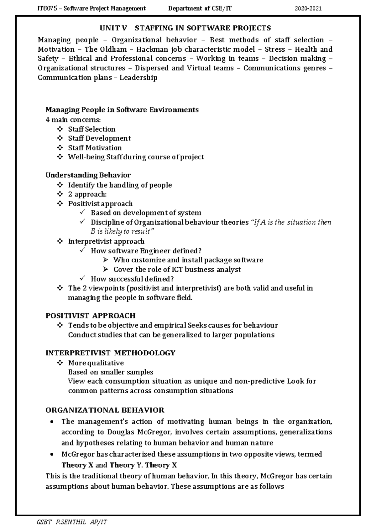 Software Project Management: Staffing and Organizational Behavior - Studocu