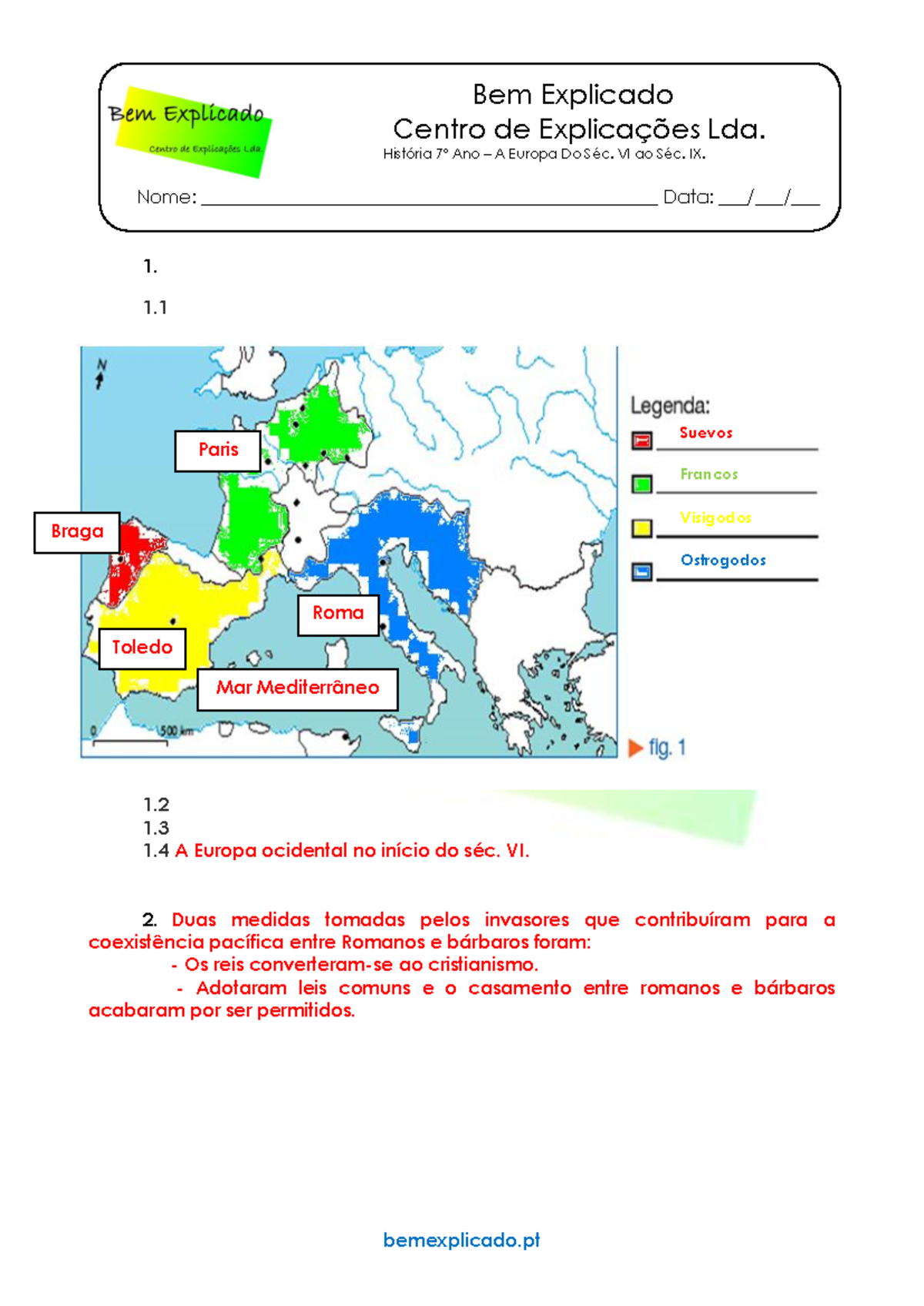 C.1 - Teste Diagnóstico - A Europa do Séc. VI ao IX - Soluções ...