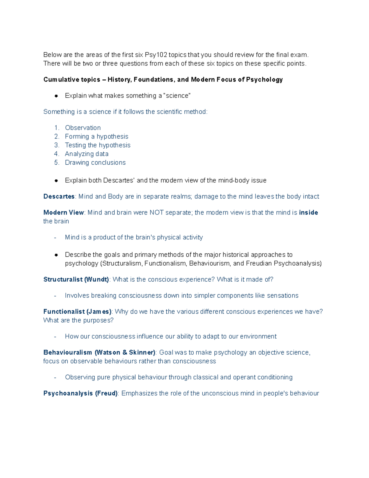 Psy102 Final Exam Review: Key Topics in Psychology - Studocu