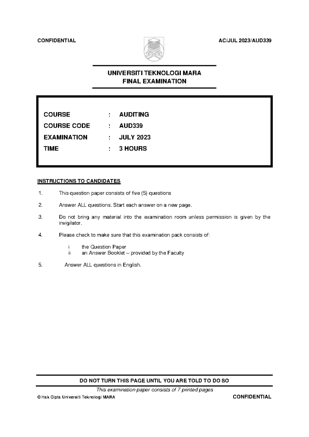 AUD339 Final Exam Paper - Auditing July 2023 - Studocu