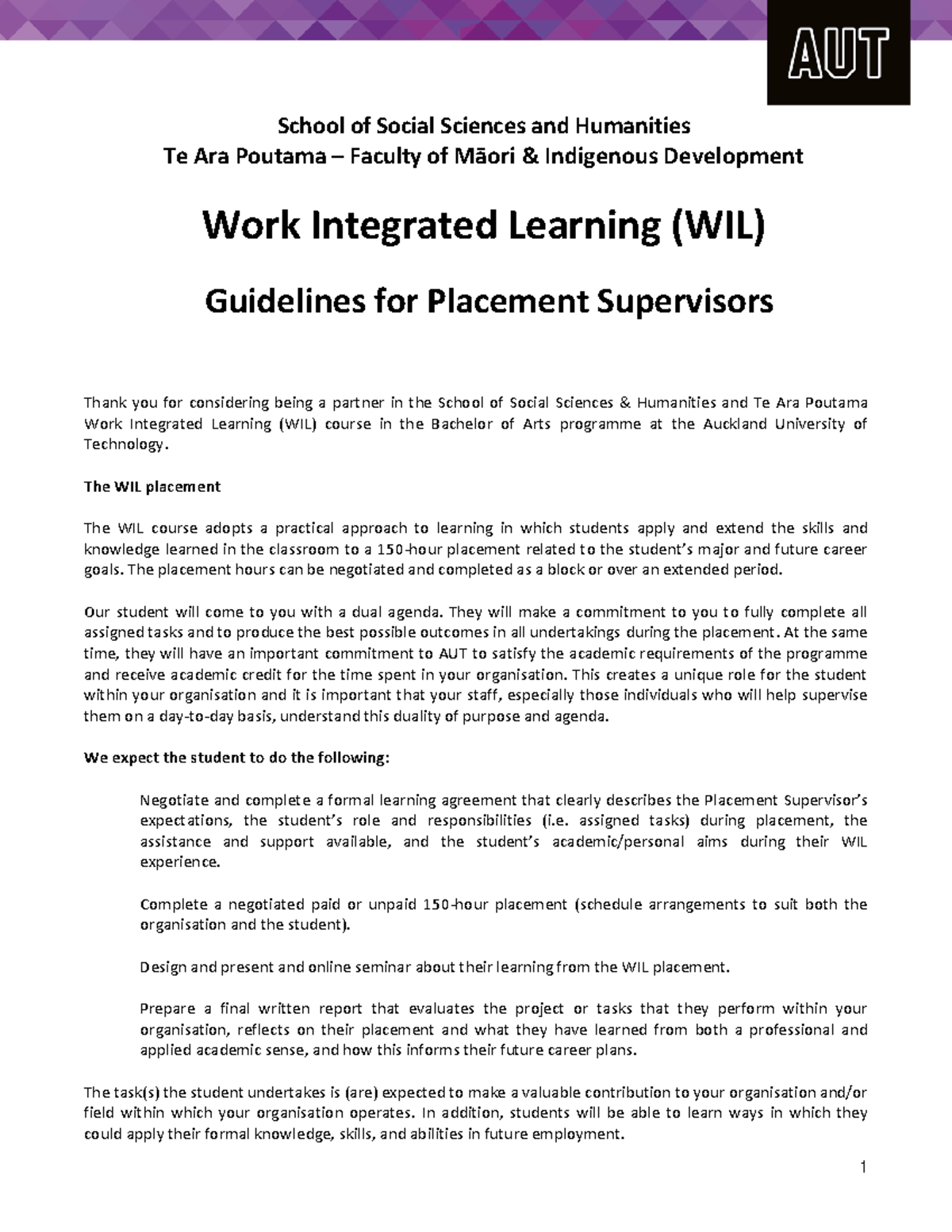 Work Integrated Learning (WIL) Guidelines for Placement Supervisors ...