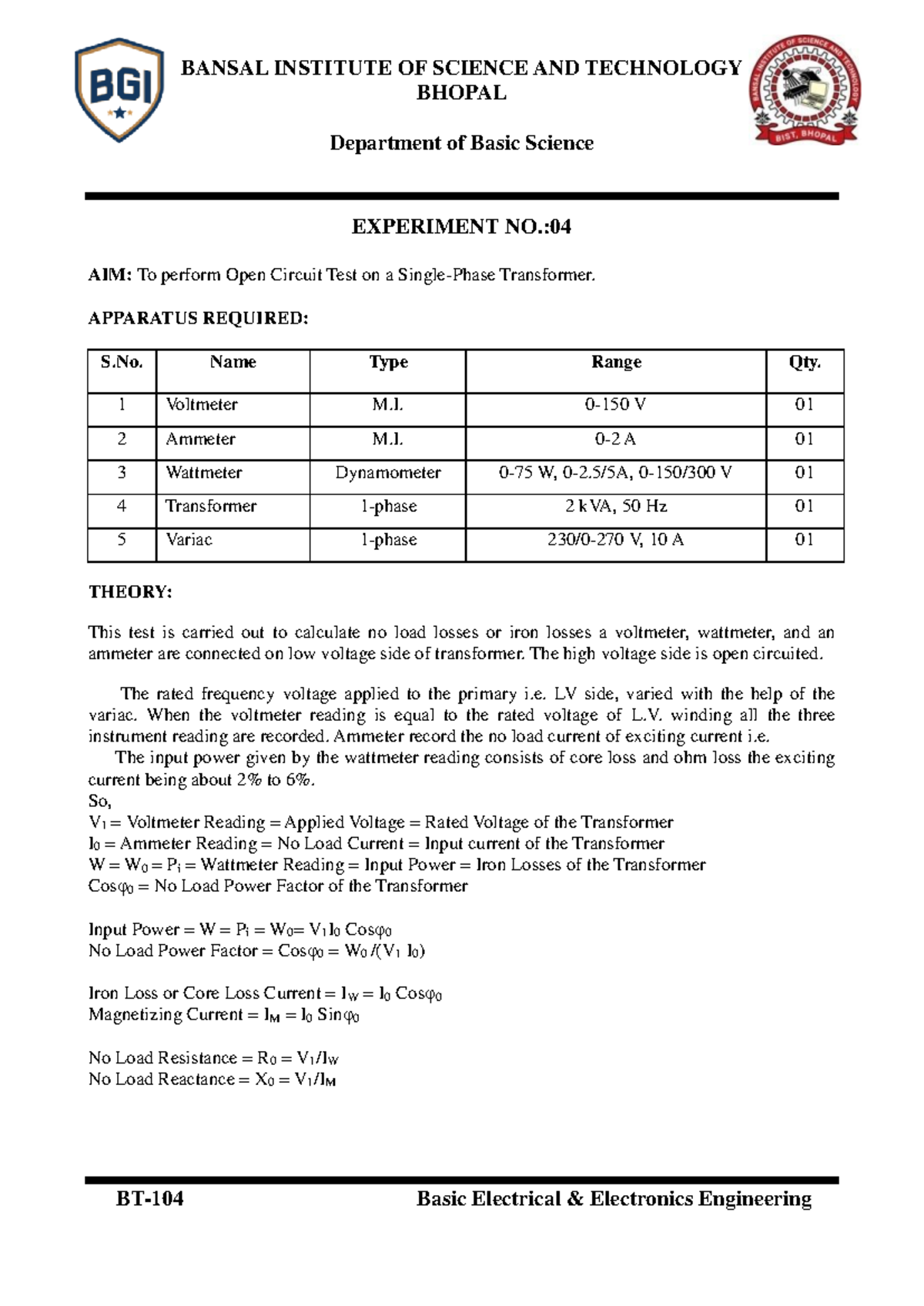 BEEE BT-104 Experiments 4 to 7: Transformer Tests & Logic Gates - Studocu