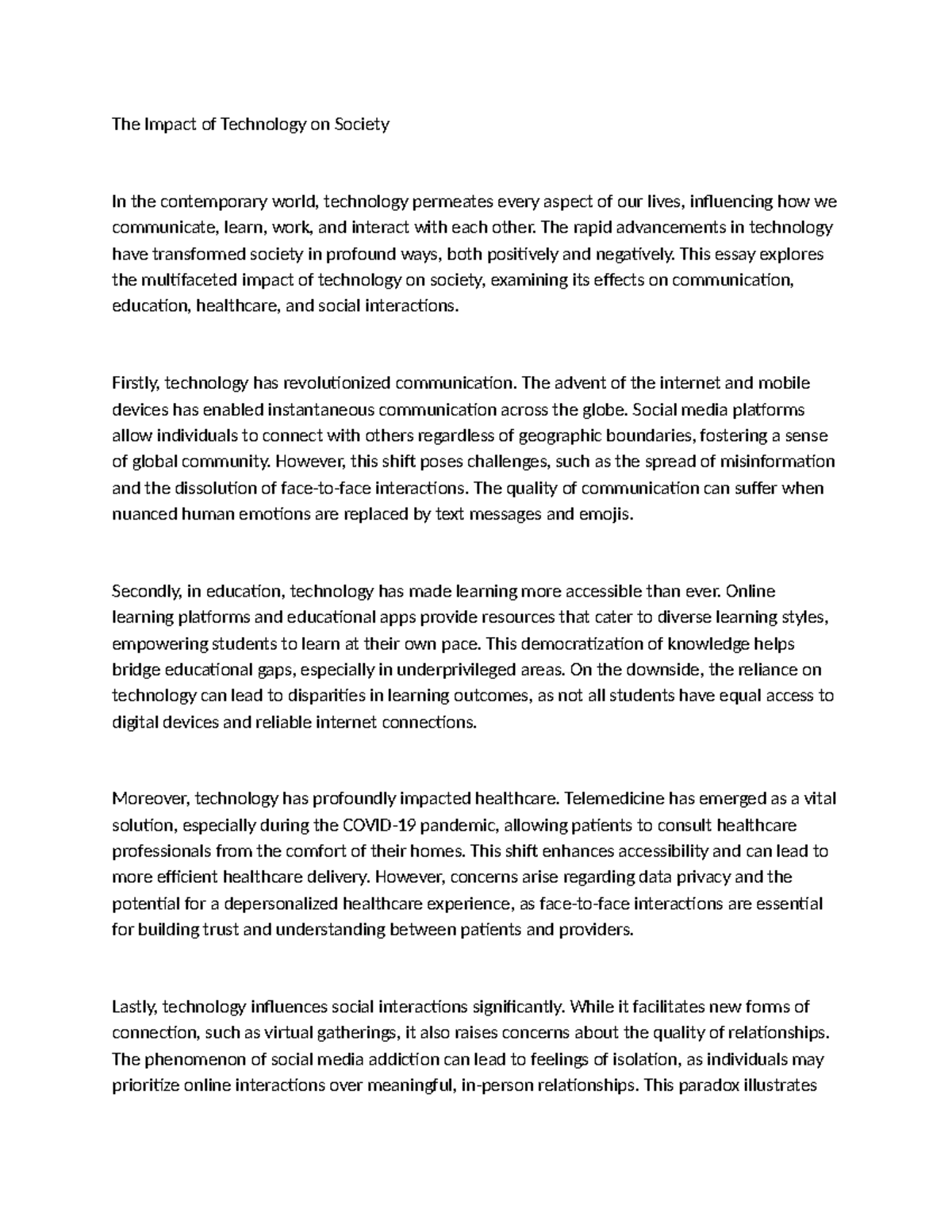 The Impact of Technology on Society: A Comprehensive Analysis - Studocu