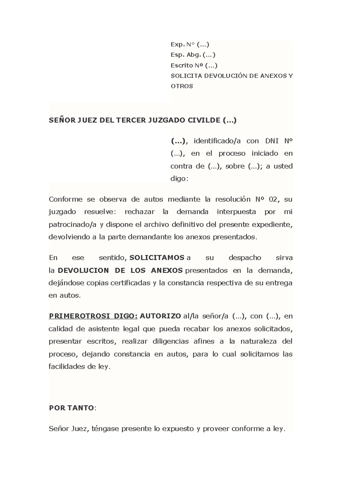 Solicitud de Devolución de Anexos - Exp. N° (...) - Document Preview
