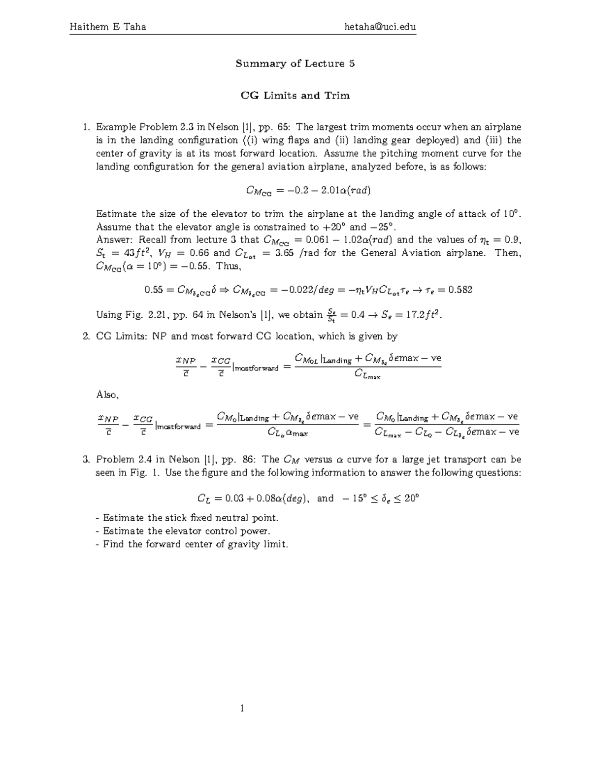 Lec5 - Summary Notes on CG Limits & Trim for MAE 175 - Studocu