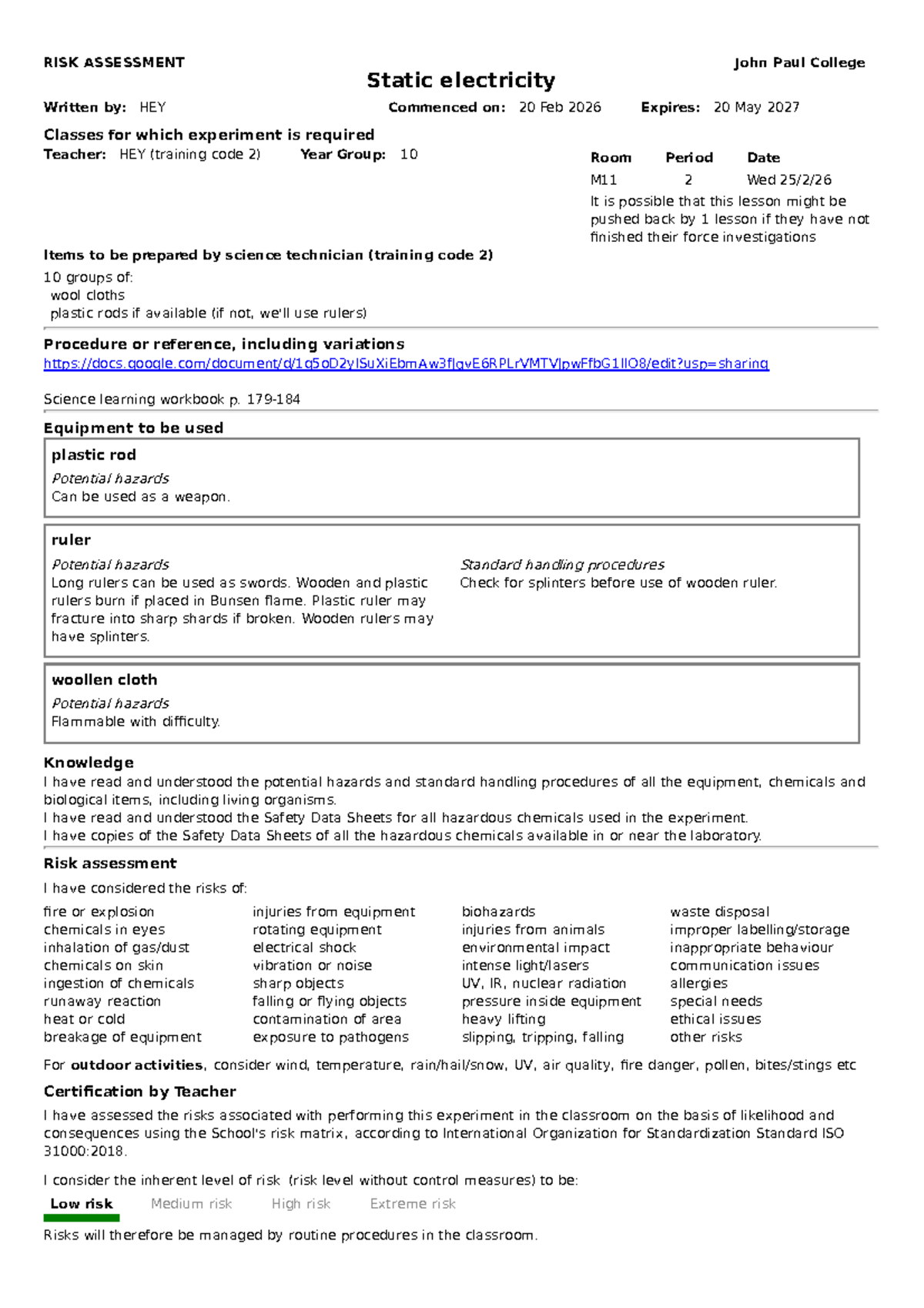 RISK ASSESSMENT: Static Electricity Experiment - Year 10 Report - Studocu