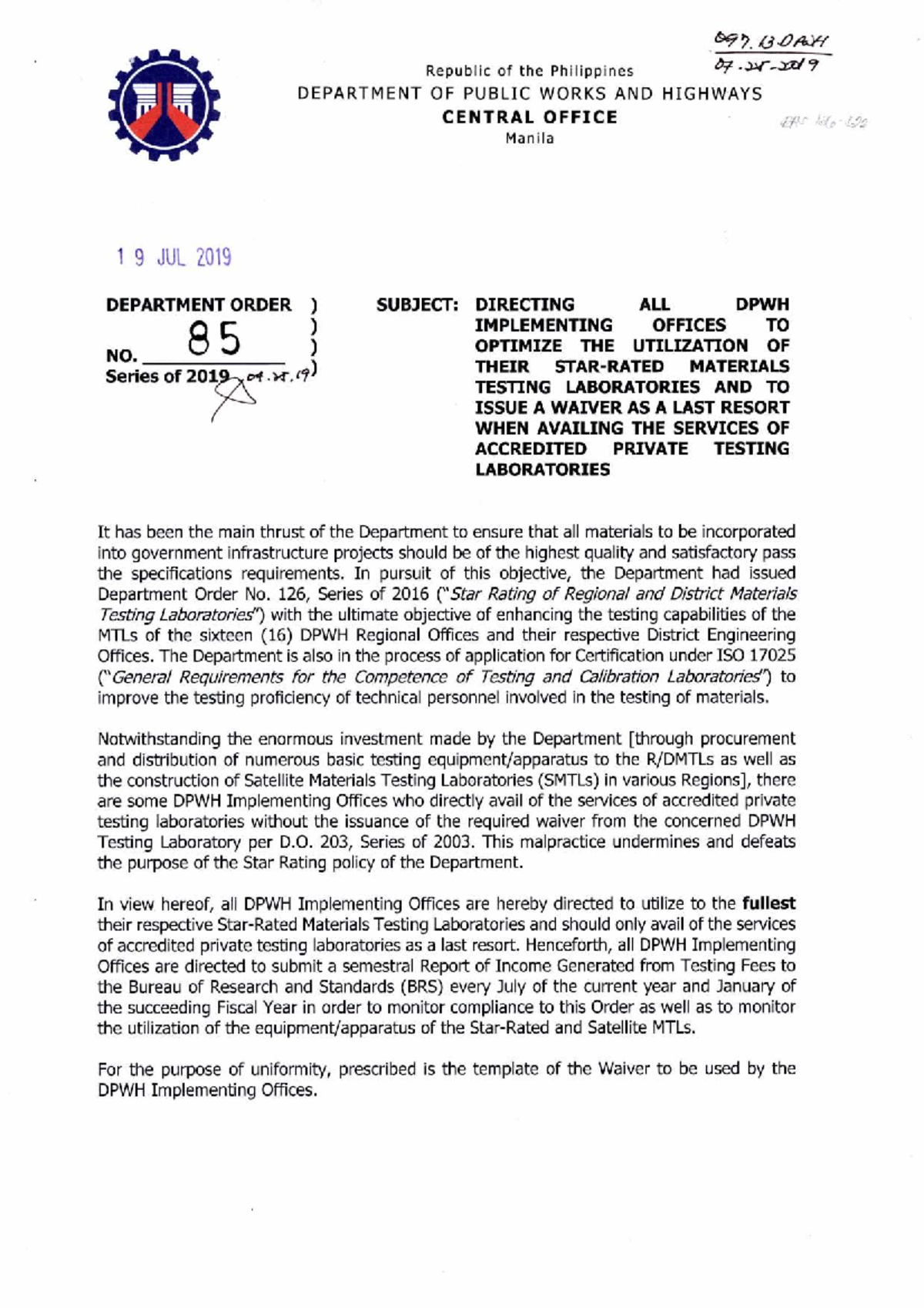 DO 085 s2019: Optimizing DPWH Materials Testing Laboratories Usage ...