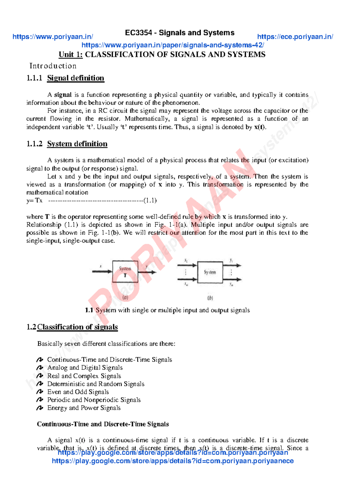 EC3354 Signals and Systems Unit 1: Classification of Signals and ...