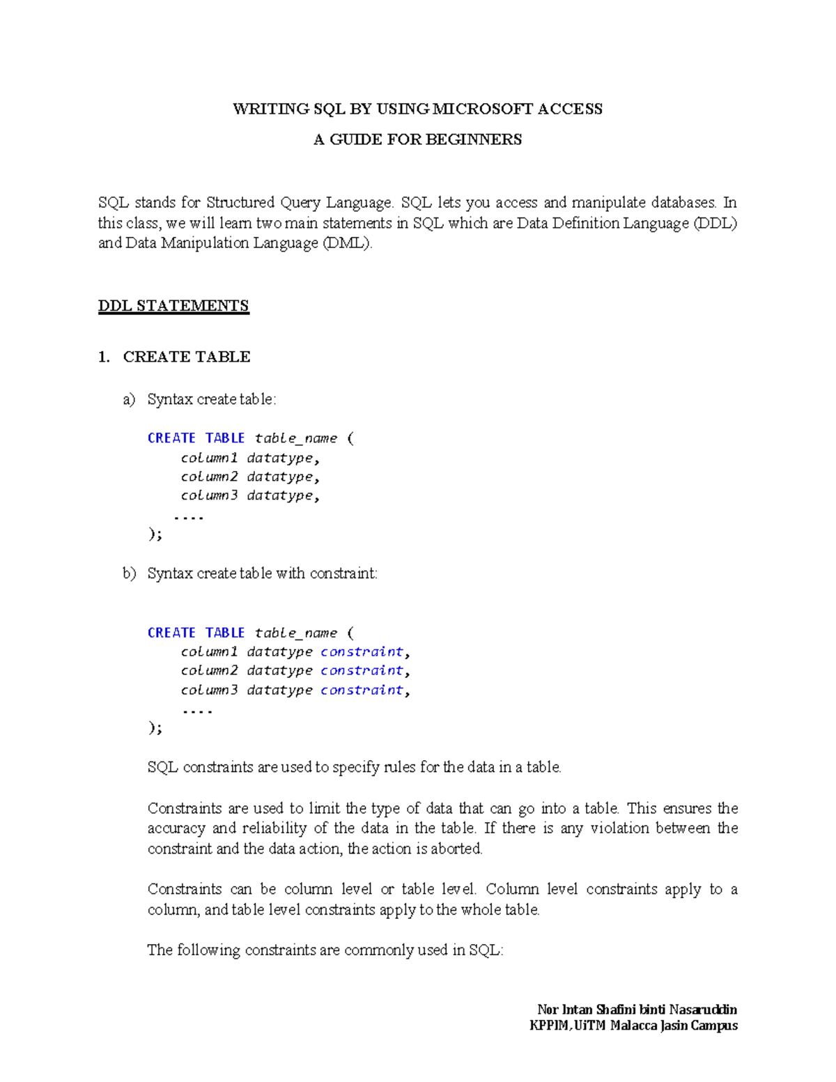 SQL 101: A Beginner's Guide to Microsoft Access DDL & DML - Studocu