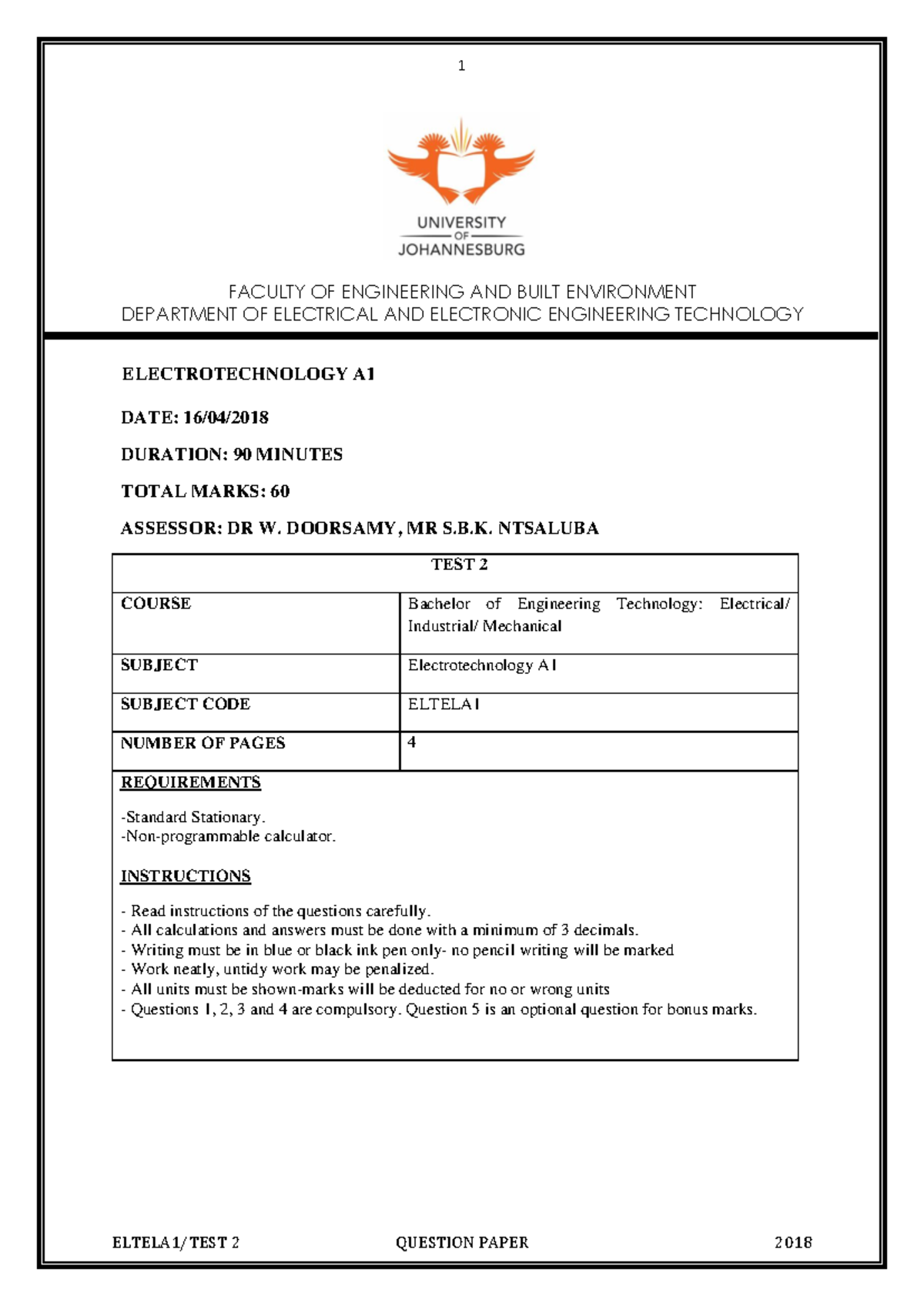 Semester Test 2 - ELTELA1 - Electrotechnology A1 - 2018 - Studocu