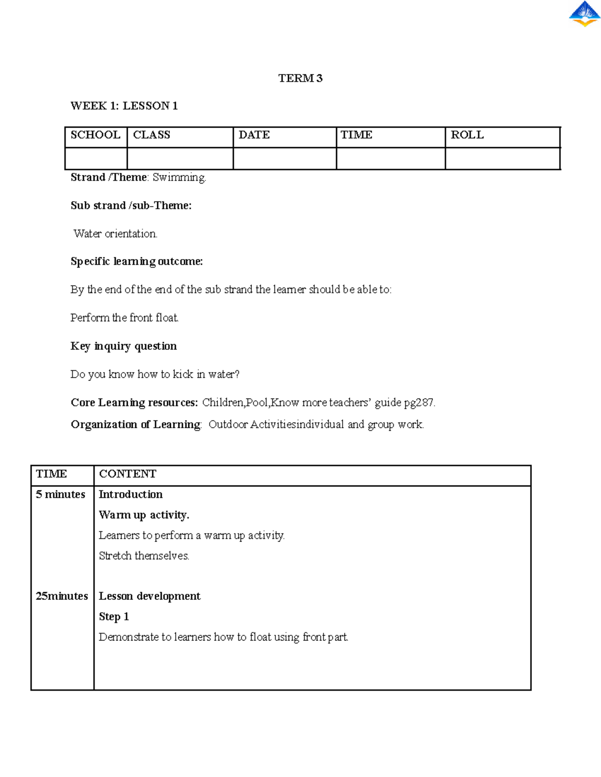 TERM 3 WEEK 1: LESSON PLAN FOR SWIMMING SKILLS - Studocu