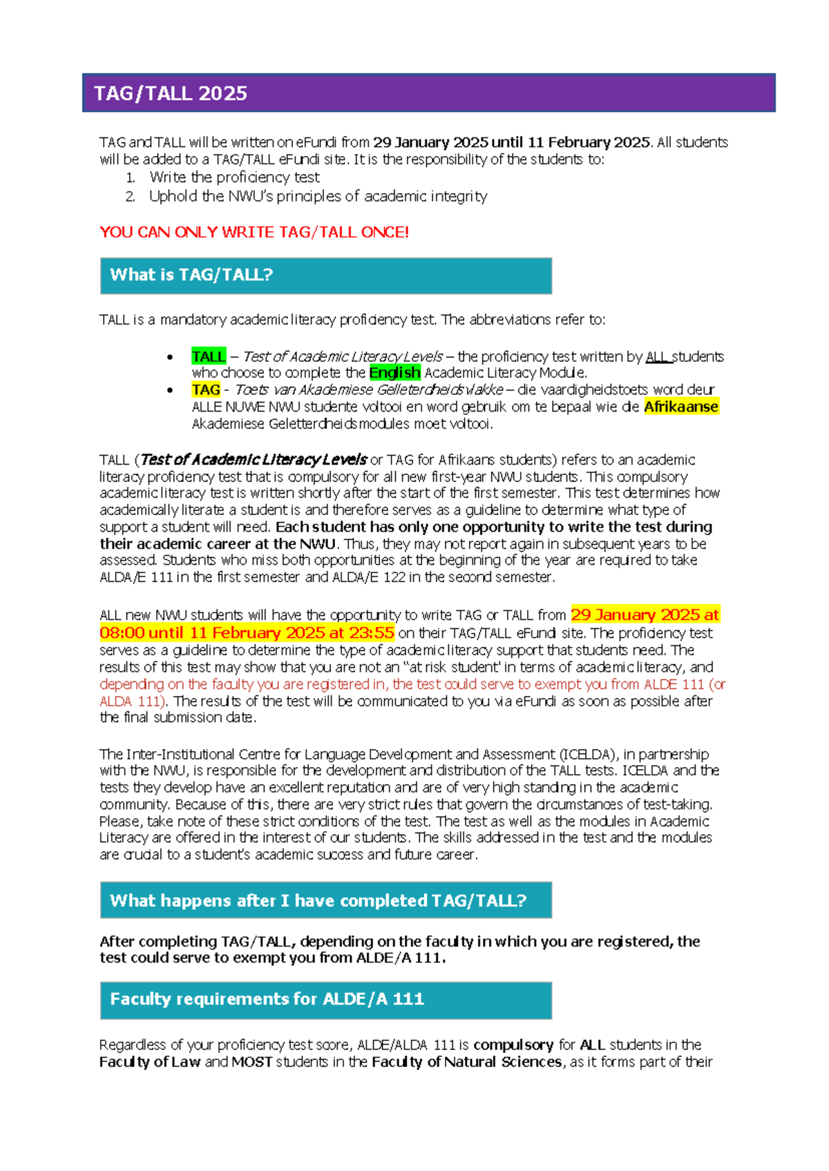 TAG/TALL Proficiency Test Information for New NWU Students 2025 - Studocu