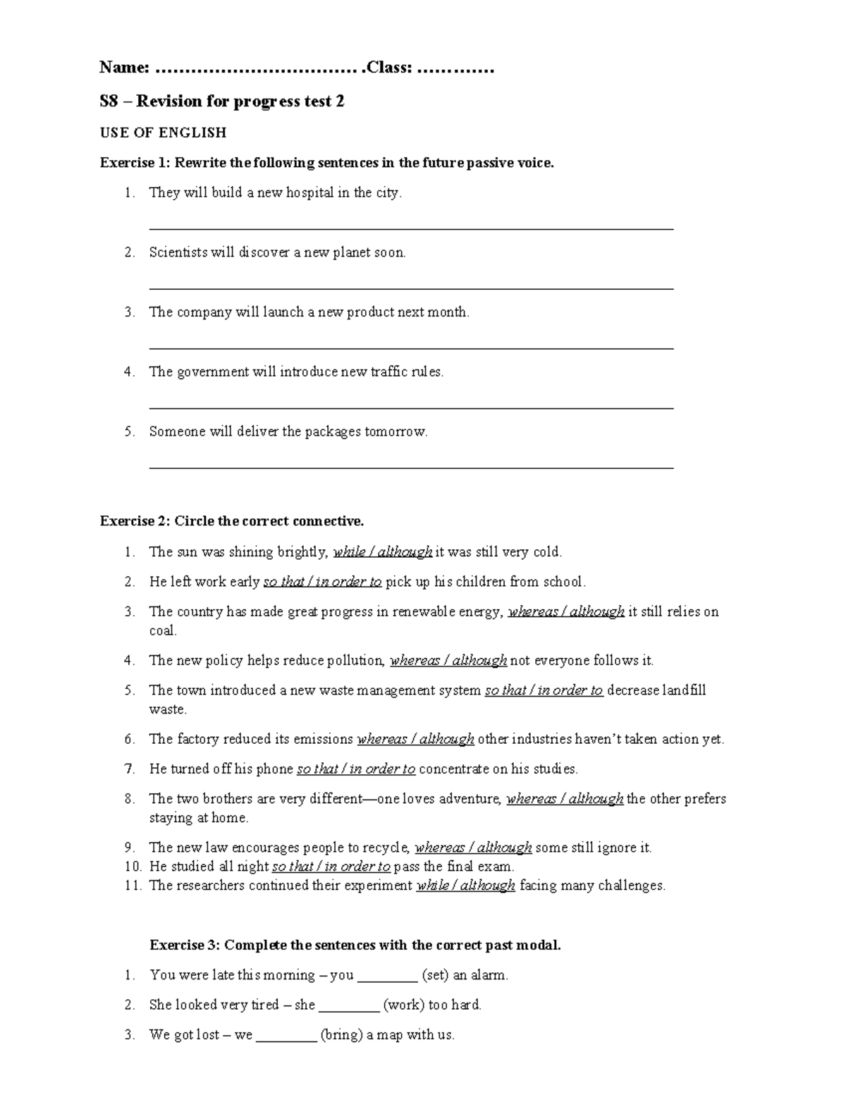 Revision Worksheet for Progress Test 2: USE OF ENGLISH - Studocu