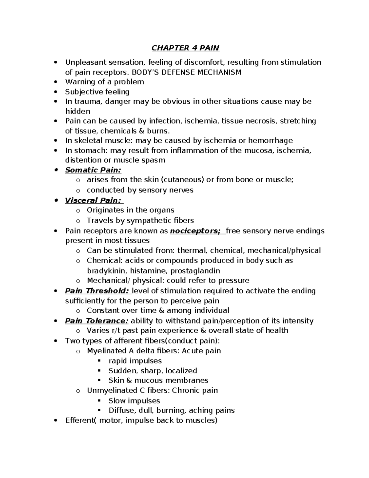 Chapter 4 PAIN - Pathophysiology Outline and Mechanisms - Studocu