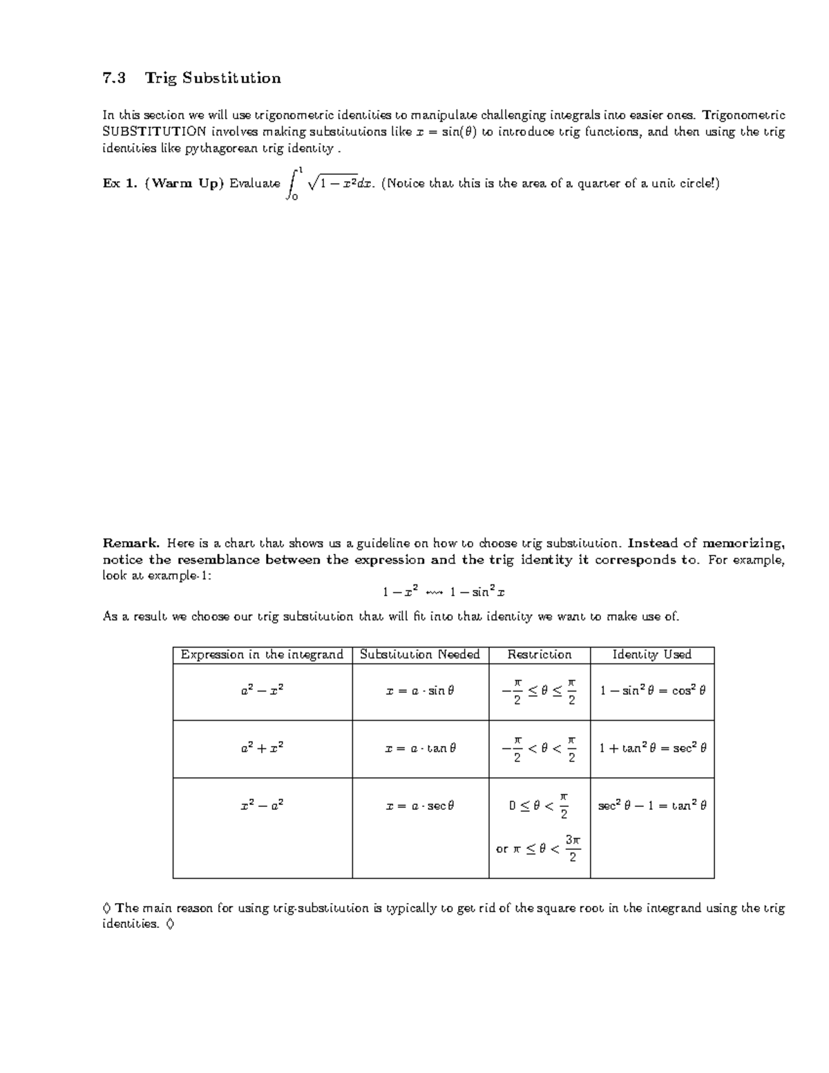 7.3 Lecture Notes - 7 Trig Substitution In this section we will use ...