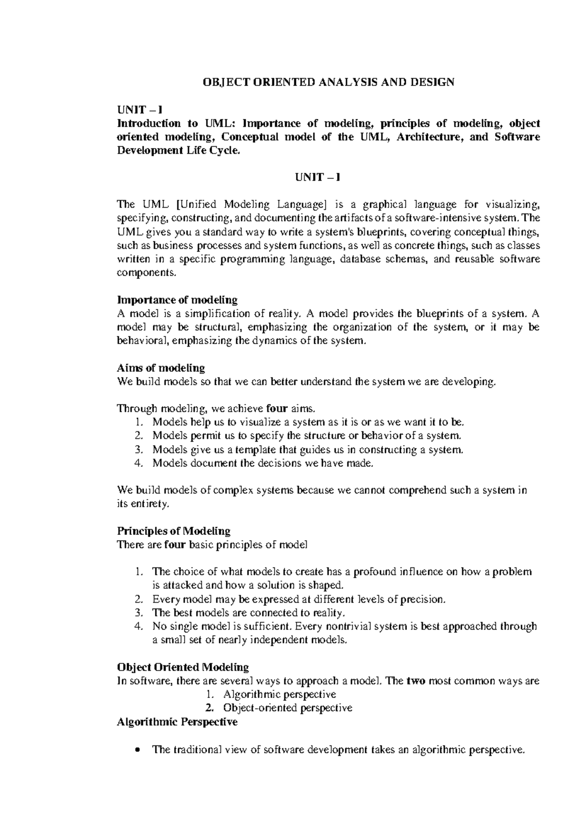OOsd UNIT1 - 1 unit - OBJECT ORIENTED ANALYSIS AND DESIGN UNIT – I ...