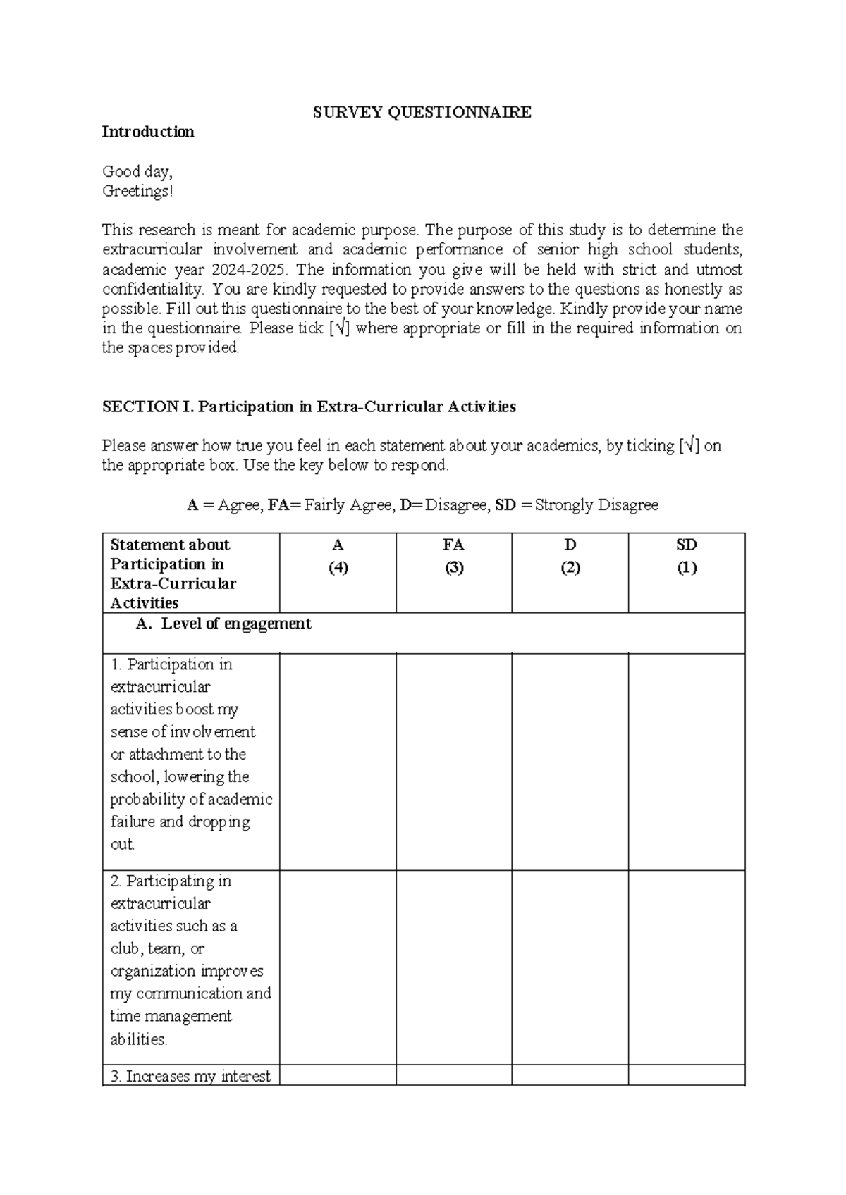 Survey Questionnaire on Extracurricular Involvement and Academic ...
