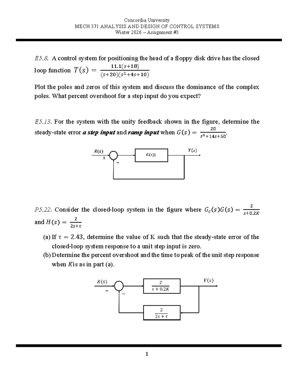 Concordia University MECH 371 Control Systems Assignment 3 Winter 2026 ...