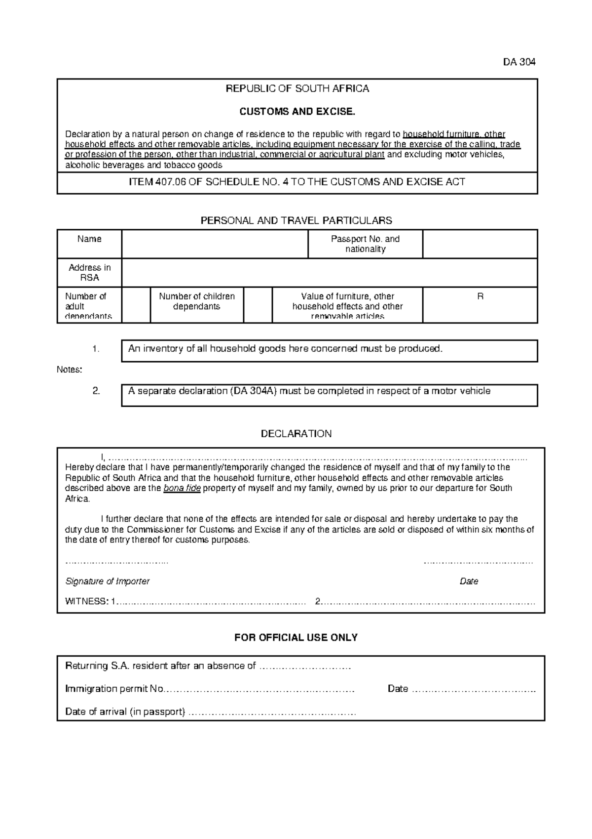 DA 304 Declaration for Changes in Residence & Household Effects - Studocu