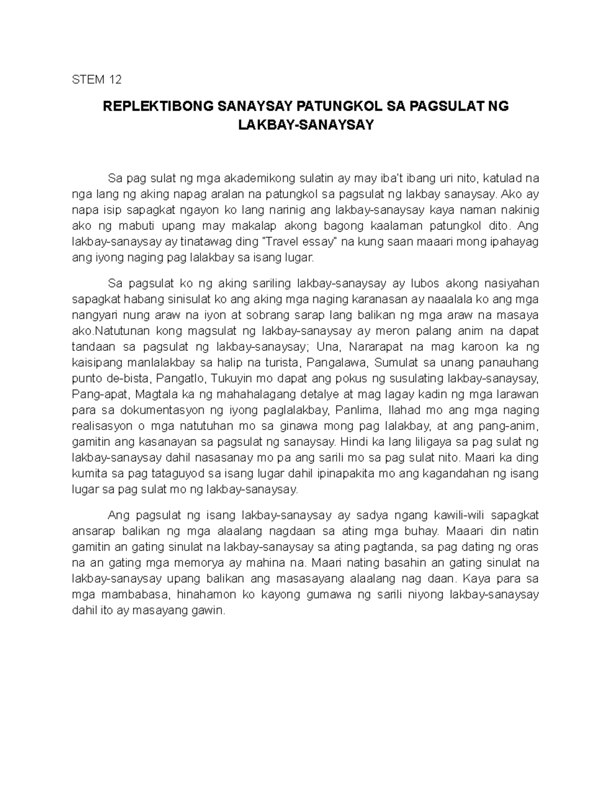 Replektibong Sanaysay sa Pagsulat ng Lakbay-Sanaysay (STEM 12) - Studocu