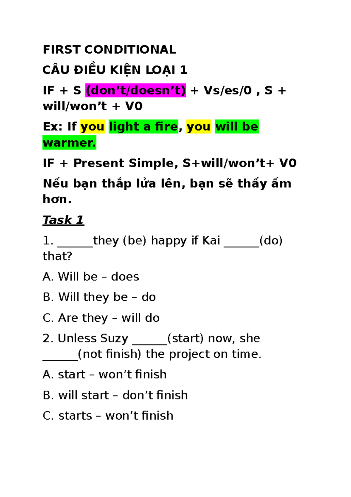 First Conditional Summary - Câu Điều Kiện Loại 1 - Studocu