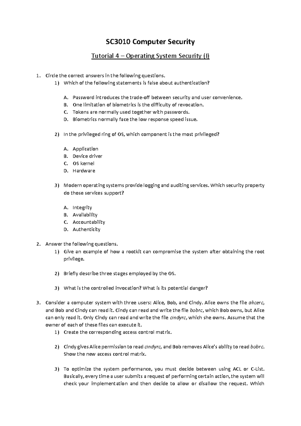 SC3010 Computer Security Tutorial 4: OS Security Concepts and Questions ...