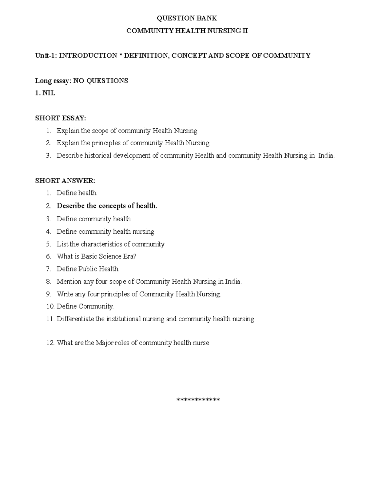 Community Health Nursing II Question Bank: Key Concepts and Roles - Document Preview
