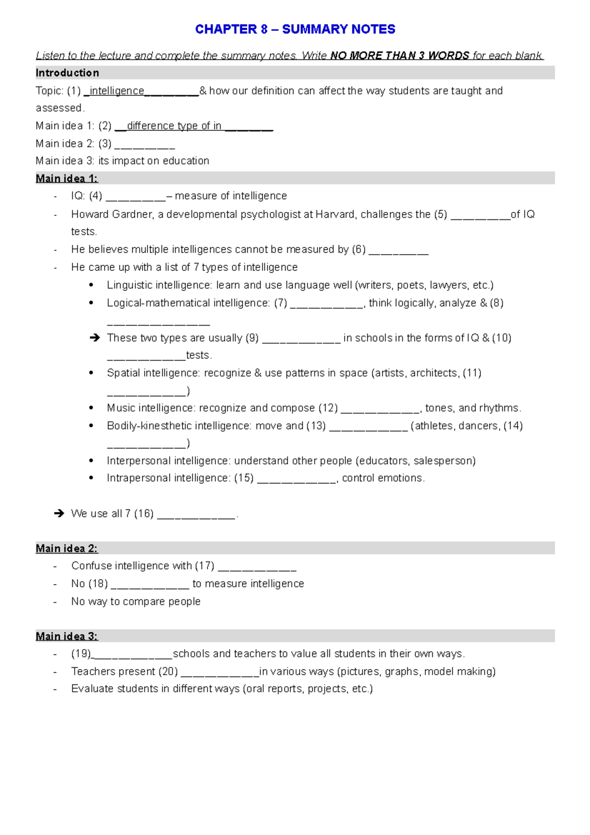 Chapter 08 - Summary Notes on Intelligence and Education - Studocu